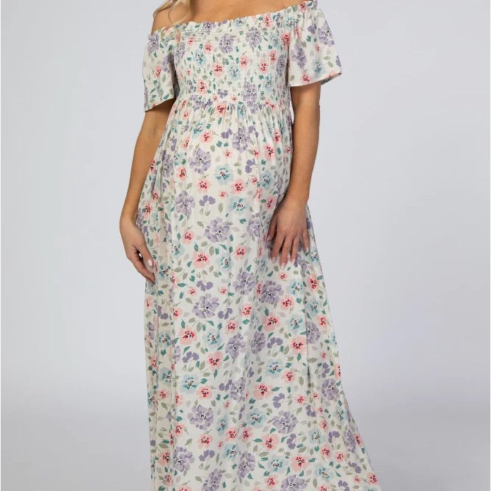 NWT Maternity Ivory Floral Smocked Off Shoulder Maxi Dress Medium